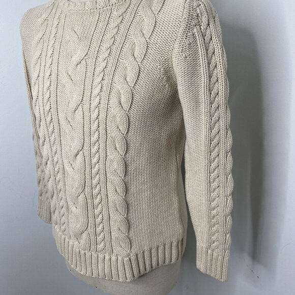 LL Bean Cable Knit Sweater Women's L Cream Cotton Fisherman Crew Neck Classic - Picture 2 of 6